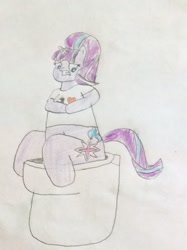 Size: 772x1034 | Tagged: safe, artist:snipiper, starlight glimmer, pony, unicorn, but why, dialogue, female, mare, poop, pooping, solo, toilet, traditional art