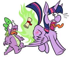 Size: 900x700 | Tagged: dead source, safe, artist:karpet-shark, derpibooru import, spike, twilight sparkle, twilight sparkle (alicorn), alicorn, dragon, pony, burned butt, burp, butt fire, dragon mail, faic, female, fire, green fire, literal butthurt, mare, open mouth, pain, screaming, scroll, spread wings, tongue out, twily-daily, wide eyes