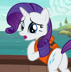 Size: 704x718 | Tagged: safe, screencap, rarity, pony, unicorn, ppov, cropped, female, lifejacket, looking back, mare, open mouth, plot, solo