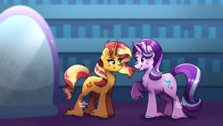 Size: 1920x1080 | Tagged: safe, artist:foxklt, starlight glimmer, sunset shimmer, pony, unicorn, equestria girls, mirror magic, spoiler:eqg specials, chest fluff, looking at each other, magic mirror, mirror, twilight's castle, unshorn fetlocks