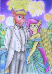 Size: 2451x3499 | Tagged: safe, artist:sinaherib, big macintosh, fluttershy, anthro, breasts, cleavage, clothes, dress, female, fireworks, fluttermac, high res, male, shipping, straight, traditional art, tuxedo