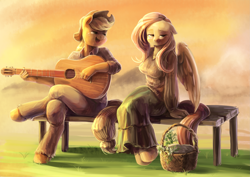 Size: 3035x2149 | Tagged: safe, artist:audrarius, applejack, fluttershy, anthro, unguligrade anthro, appleshy, basket, bench, blushing, clothes, female, floppy ears, guitar, lesbian, lidded eyes, open mouth, shipping, singing, sitting, smiling, sunset