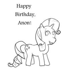 Size: 492x524 | Tagged: artist needed, safe, rarity, pony, unicorn, birthday, implied anon, monochrome, solo