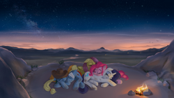 Size: 4000x2250 | Tagged: safe, alternate version, artist:hardbrony, derpibooru import, applejack, fluttershy, pinkie pie, rainbow dash, rarity, earth pony, pegasus, pony, unicorn, accessory swap, bandage, bandaged wing, bruised, campfire, commission, eyes closed, female, injured, injured wing, pony pile, pony pillow, scenery, sleeping