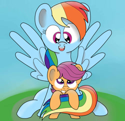 Size: 1024x991 | Tagged: safe, artist:theartistsora, derpibooru import, rainbow dash, scootaloo, pegasus, pony, best sisters, cute, scootalove