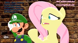 Size: 1338x750 | Tagged: safe, artist:icepony64, fluttershy, pegasus, pony, 3d, crossover, dialogue, luigi, luigishy, source filmmaker, super mario bros.