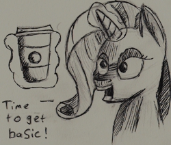 Size: 1052x892 | Tagged: safe, artist:itsthinking, rarity, pony, unicorn, bust, coffee, inktober, magic, portrait, sketch, text, traditional art