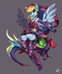 Size: 2800x3300 | Tagged: safe, artist:elex09, derpibooru import, rainbow dash, human, equestria girls, rainbow rocks, armpits, beautiful, boots, clothes, dress, eared humanization, female, gloves, gray background, humanized, looking at you, shoes, signature, simple background, skirt, smiling, solo, tailed humanization, upskirt, winged humanization, wings