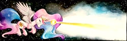 Size: 3220x1044 | Tagged: safe, artist:grendeleev, princess celestia, alicorn, pony, eyes closed, flying, gritted teeth, magic, magic blast, solo, stars, traditional art, watercolor painting