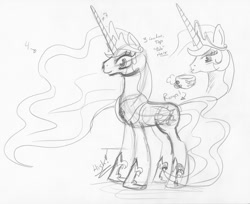 Size: 794x649 | Tagged: safe, artist:ciaran, derpibooru exclusive, princess celestia, alicorn, pony, coffee mug, monochrome, sketch