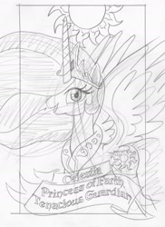 Size: 1202x1652 | Tagged: safe, artist:ciaran, derpibooru exclusive, princess celestia, alicorn, pony, looking at you, monochrome, open mouth, sketch, smiling, solo, spread wings, sun, tarot card, tarot:once upon a time, traditional art