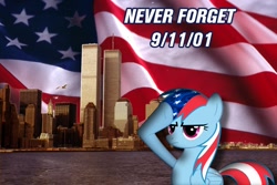 Size: 800x534 | Tagged: safe, derpibooru import, rainbow dash, 9/11, american flag, barely pony related, building, drama bait, manhattan, mouthpiece, never forget, new york, new york city, obligatory pony, propaganda, salute, skyscraper, solo, stars and stripes, tower, twin towers, united states, world trade center