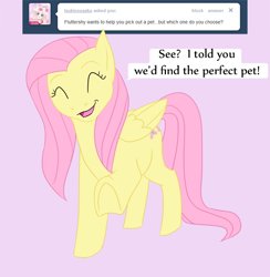 Size: 600x615 | Tagged: safe, artist:kourabiedes, fluttershy, pegasus, pony, ask, ask fizzy, eyes closed, simple background, smiling, solo, tumblr, underhoof