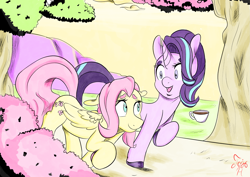 Size: 2105x1488 | Tagged: safe, artist:jojohernandez, fluttershy, starlight glimmer, pegasus, pony, unicorn, coffee, colored hooves, duo, februpony, female, folded wings, looking at each other, mare, outdoors, raised hoof, smiling, walking, wings