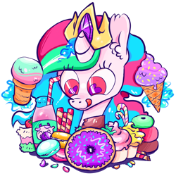 Size: 970x970 | Tagged: safe, artist:burrburro, princess celestia, alicorn, pony, cake, cakelestia, candy, color porn, donut, food, heart eyes, licking, licking lips, macaron, solo, tongue out, wingding eyes