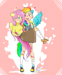 Size: 900x1080 | Tagged: safe, artist:gidan-kuroki, derpibooru import, fluttershy, rainbow dash, human, blushing, clothes, eared humanization, female, flutterdash, humanized, lesbian, shipping, skirt, sports bra, tailed humanization, winged humanization