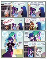Size: 838x1046 | Tagged: safe, artist:crydius, princess celestia, sci-twi, sunset shimmer, twilight sparkle, twilight sparkle (alicorn), alicorn, comic:meet the princesses, better together, equestria girls, blushing, bow, bowtie, building, canterlot high, clothes, comic, cutie mark, cutie mark clothes, day, dialogue, dress, elements of harmony, emblem, error, error message, ethereal hair, exclamation point, fail, fear, female, freakout, glasses, grass, grass field, hairpin, happy, holding, jacket, jewelry, leather, leather jacket, leather vest, lesbian, lights, mental blue screen of death, mountain, necklace, necktie, nervous, open mouth, outdoors, panic, plot twist, ponytail, portal, princess of friendship, princess of the sun, principal twilight, question mark, ribbon, royalty, school of friendship, scitwishimmer, self paradox, self ponidox, shield, shipping, shirt, shocked, skirt, sky, smiling, speech bubble, student, sunsetsparkle, sweat, sweating profusely, symbol, t-shirt, talking, teacher, teacher and student, teeth, text, tree, trollestia, trollestia in training, twilestia, twolight, wall of tags, what a twist, window, x.exe stopped working, yelling