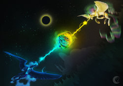 Size: 1024x722 | Tagged: safe, artist:systemf4ilure, nightmare moon, princess celestia, alicorn, pony, aurora borealis, canterlot, eclipse, fight, flying, forest, magic, solar eclipse