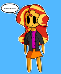 Size: 1272x1542 | Tagged: safe, artist:artiks, sunset shimmer, equestria girls, beady eyes, black sclera, blank eyes, blue background, c:, chibi, clothes, cute, dialogue, empty eyes, female, grammar error, jacket, leather, leather jacket, no iris, no pupils, round trip's mlp equestria girls in a nutshell, simple background, skirt, smiling, solo, speech bubble, stupid, text, wat