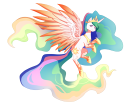 Size: 3000x2500 | Tagged: safe, artist:tsuukiusa, princess celestia, alicorn, pony, female, flying, mare, rainbow power, rainbow power-ified, simple background, solo, transparent background