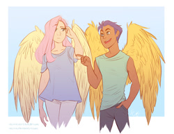 Size: 990x765 | Tagged: safe, artist:vasira, flash sentry, fluttershy, human, clothes, dark skin, flutterflash, hair over one eye, humanized, looking at each other, open mouth, pointing, raised eyebrow, winged humanization