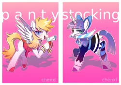 Size: 708x501 | Tagged: safe, artist:chenxi, pegasus, pony, unicorn, anarchy panty, anarchy stocking, bow, bracelet, clothes, dress, duo, ear piercing, earring, female, gun, jewelry, mare, panty and stocking with garterbelt, piercing, ponified, skirt, stockings, sword, thigh highs, weapon