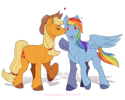 Size: 1000x794 | Tagged: safe, artist:sigilspell, derpibooru import, applejack, rainbow dash, earth pony, pegasus, pony, appledash, applejack's hat, blushing, clothes, cowboy hat, eyes closed, female, freckles, hat, heart, kissing, lesbian, mare, raised hoof, shipping, simple background, stetson, transparent background, unshorn fetlocks