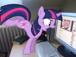 Size: 3648x2736 | Tagged: dead source, safe, artist:hundebleonidasx, artist:sulyo, derpibooru import, twilight sparkle, angry, book, child, computer mouse, desk, hater, irl, keyboard, monitor, photo, ponies in real life, solo, tower, vector, windows, windows 7, youtube