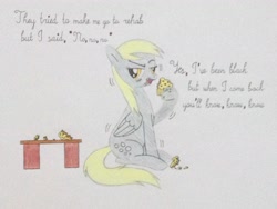 Size: 3264x2448 | Tagged: safe, artist:don2602, derpy hooves, pegasus, pony, amy winehouse, crumbs, food, holding, muffin, open mouth, rehab, shivering, sitting, solo, song reference, table, traditional art