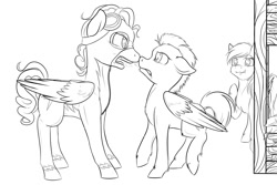 Size: 1279x853 | Tagged: safe, artist:chiweee, derpibooru import, rainbow dash, silver lining, silver zoom, thunderlane, pegasus, pony, fanfic:piercing the heavens, bed, fanfic art, monochrome, stifling laughter, wonderbolts, wonderbolts uniform, yelling