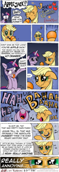 Size: 4108x11889 | Tagged: safe, artist:redapropos, applejack, twilight sparkle, twilight sparkle (alicorn), alicorn, earth pony, pony, absurd resolution, comic, crying, female, fourth wall, glare, laughing, lol, mare, orange, orangejack, sad