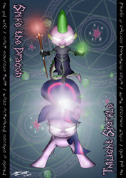 Size: 1024x1446 | Tagged: safe, artist:loreto-arts, derpibooru import, spike, twilight sparkle, dragon, badass, clothes, costume, epic, glowing eyes, smiling, staff