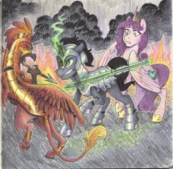 Size: 1280x1248 | Tagged: safe, artist:moonraven-sparrow-summerpalette, derpibooru import, king sombra, griffon, pony, unicorn, ask king sombra, crystal princess, traditional art