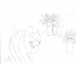 Size: 2184x1824 | Tagged: safe, artist:foreverderpness, derpibooru import, fleetfoot, rainbow dash, oc, oc:rivet, pegasus, pony, fanfic:piercing the heavens, fanfic art, monochrome, potted plant, wonderbolts uniform