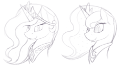 Size: 1024x569 | Tagged: safe, artist:ac-whiteraven, princess celestia, princess luna, alicorn, pony, bust, monochrome, portrait, simple background, sketch