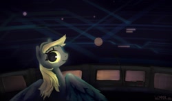 Size: 1521x900 | Tagged: safe, artist:incmyk, derpy hooves, pegasus, pony, air traffic controller, cute, derpabetes, female, looking at you, looking over shoulder, mare, microphone, screen, smiling, solo, spread wings, this will not end well, window, wings