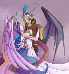 Size: 1500x1600 | Tagged: safe, artist:osnaseufzer, discord, princess celestia, human, clothes, dancing, dislestia, dress, eared humanization, female, horned humanization, humanized, male, pony coloring, shipping, straight, tailed humanization, winged humanization