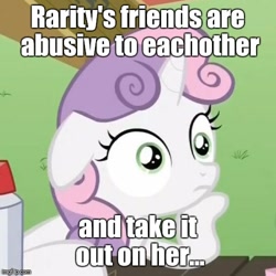 Size: 500x500 | Tagged: safe, edit, edited screencap, screencap, rarity, sweetie belle, pony, unicorn, exploitable meme, female, filly, horn, image macro, meme, obligatory pony, solo, sudden clarity sweetie belle, text, two toned mane, white coat, wide eyes