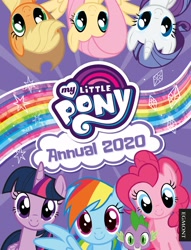 Size: 1951x2560 | Tagged: safe, derpibooru import, applejack, fluttershy, pinkie pie, rainbow dash, rarity, spike, twilight sparkle, twilight sparkle (alicorn), alicorn, dragon, earth pony, pegasus, pony, unicorn, spoiler:annual2020, 2020, female, male, mane seven, mane six, mare, my little pony annual 2020, my little pony logo, official, real, smiling, spread wings, wings