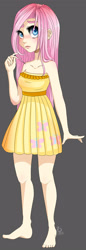 Size: 1000x2900 | Tagged: safe, artist:senpaimisskitty, fluttershy, human, barefoot, clothes, cutie mark, dress, feet, humanized, solo