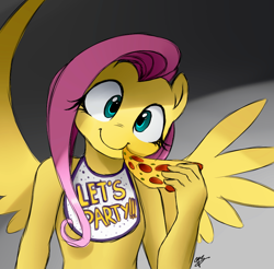 Size: 784x771 | Tagged: safe, artist:supermare, fluttershy, anthro, chica, chicashy, crossover, five nights at freddy's, flutterchica, food, looking at you, meat, pepperoni, pepperoni pizza, pizza, solo, toy chica