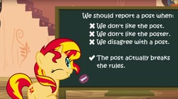 Size: 1920x1079 | Tagged: safe, artist:jhayarr23, edit, edited screencap, editor:leonidus, screencap, sunset shimmer, unicorn, testing testing 1-2-3, chalk, chalkboard, facebook, magic, meme, meta, one eye closed, rules, stairs, text, vector, vector edit, wink