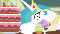 Size: 1281x720 | Tagged: safe, princess celestia, alicorn, pony, the saddle row review, cake, cakelestia, cupcake, cute, diner, eating, food, interview, majestic as fuck, messy eating, stare, sugar (food), this will end in diabetes, this will end in weight gain