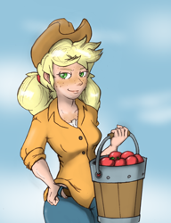 Size: 984x1279 | Tagged: safe, artist:i am nude, applejack, human, alternate hairstyle, apple, bucket, freckles, humanized, looking at you, pigtails, solo, working