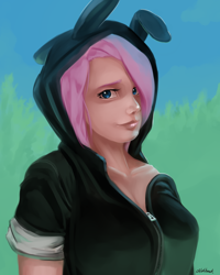 Size: 1024x1280 | Tagged: safe, fluttershy, bunny ears, clothes, costume, dangerous mission outfit, female, hoodie, humanized, looking at you, solo