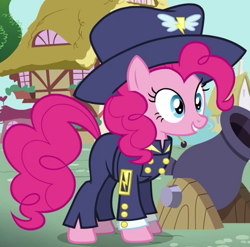 Size: 474x468 | Tagged: safe, screencap, pinkie pie, earth pony, pony, testing testing 1-2-3, ancient wonderbolts uniform, cannon, clothes, costume, cropped, female, general firefly, hat, mare, outfit catalog, smiling, solo, uniform