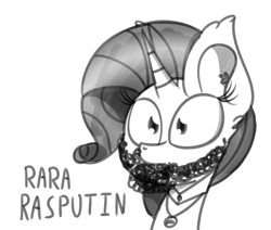 Size: 893x759 | Tagged: safe, artist:pastelhorses, rarity, pony, unicorn, beard, boney m, facial hair, grigori rasputin, monochrome, rarara, rasputin, solo, song reference, text