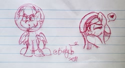 Size: 3009x1631 | Tagged: safe, artist:binkyt11, derpy hooves, marble pie, earth pony, pegasus, pony, :o, bubble, bust, female, heart, lined paper, looking at you, mare, one eye closed, open mouth, pictogram, traditional art, wink