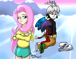 Size: 2068x1616 | Tagged: safe, artist:meganekkoplymouth241, discord, fluttershy, human, keep calm and flutter on, humanized, scene interpretation, skating, winged humanization