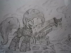 Size: 4000x3000 | Tagged: safe, artist:panzerwaffe, pinkie pie, earth pony, pony, cannon, chaos, crossover, party cannon, pie, power armor, traditional art, warhammer (game), warhammer 40k